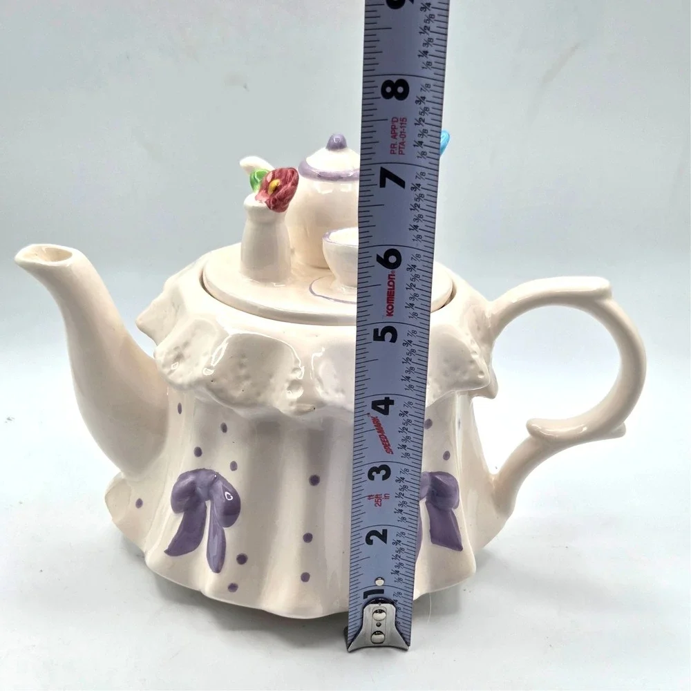 Teleflora Vintage Teapot, Tea Party White, Purple bows & Polkas Dots, Blue Bird